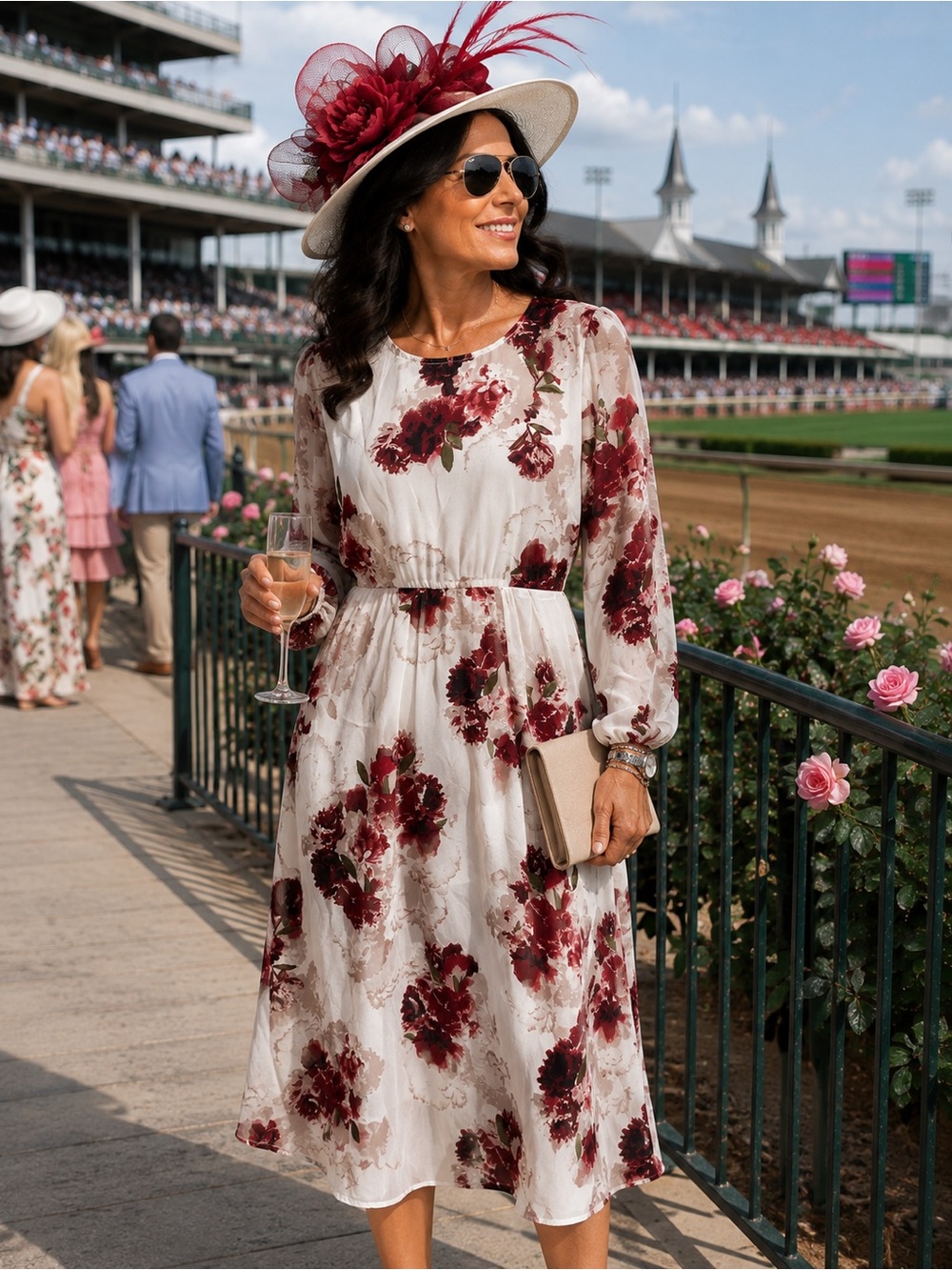 Leith Ivory Midi Dress with Burgundy Floral Print